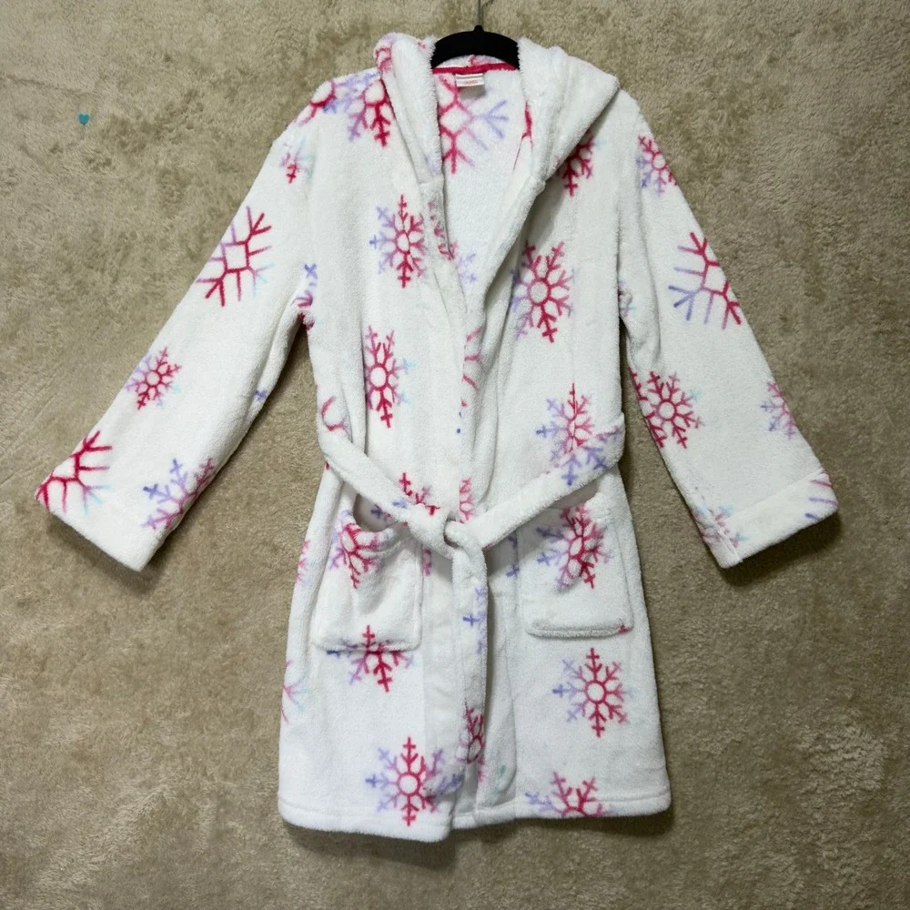 Cat & Jack Robe Girls Size M 7/8 White Pink Snowflake Hooded Fleece Plush Belted